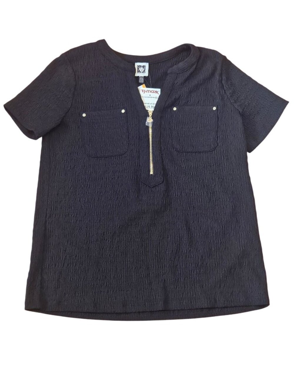 Anne Klein Black Textured Short Sleeve Top With Gold Zipper & Front Pockets - Si